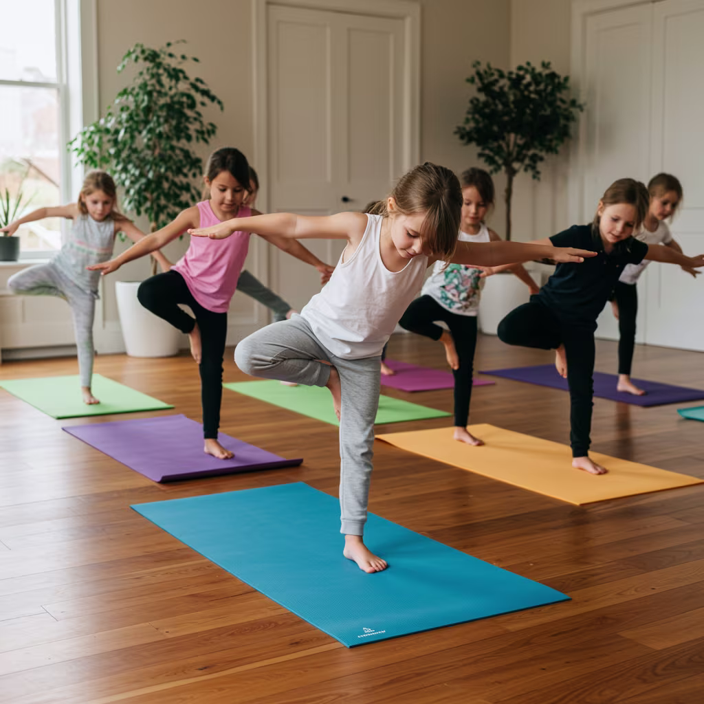 Kinderyoga-Gruppe in einer Balance-Haltung bei FLOWers Yoga Oldenburg